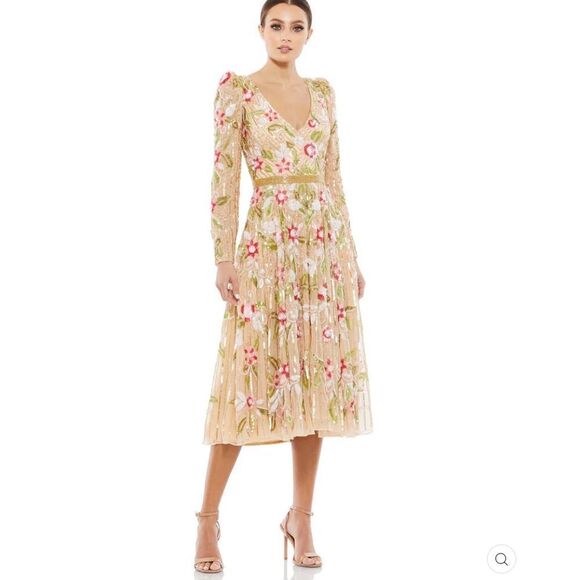 Mac Duggal 5415 Floral Tea Length Dress Sequin Beaded - Picture 3 of 17